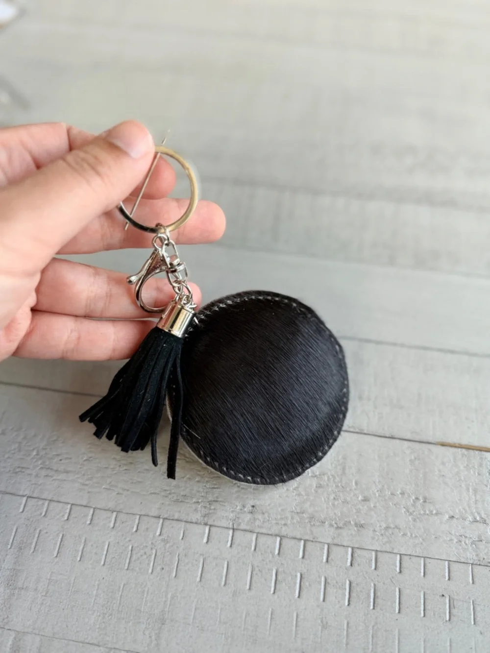 Western Round Cowhide Keychain with Black Tassel